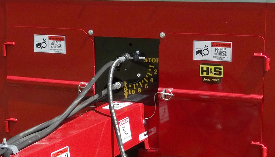 close up of H&S 3200 series heavy duty manure spreader variable speed hydraulic drive option