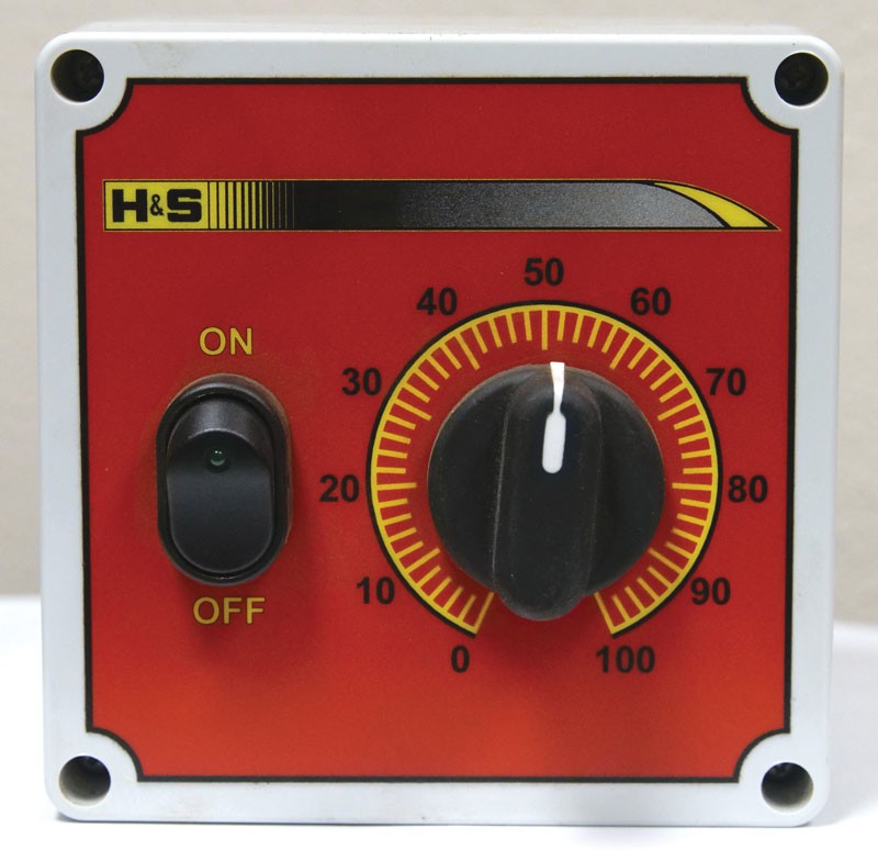closeup of H&S 6180 PowerSpread manure spreader electric speed control option