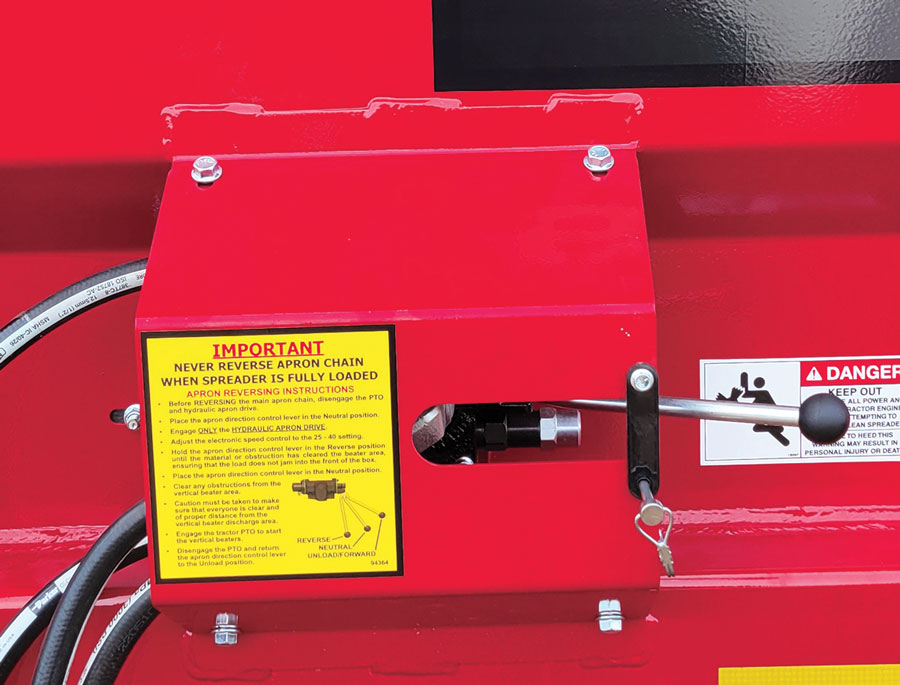 closeup of H&S 6180 PowerSpread manure spreader reverser valve option
