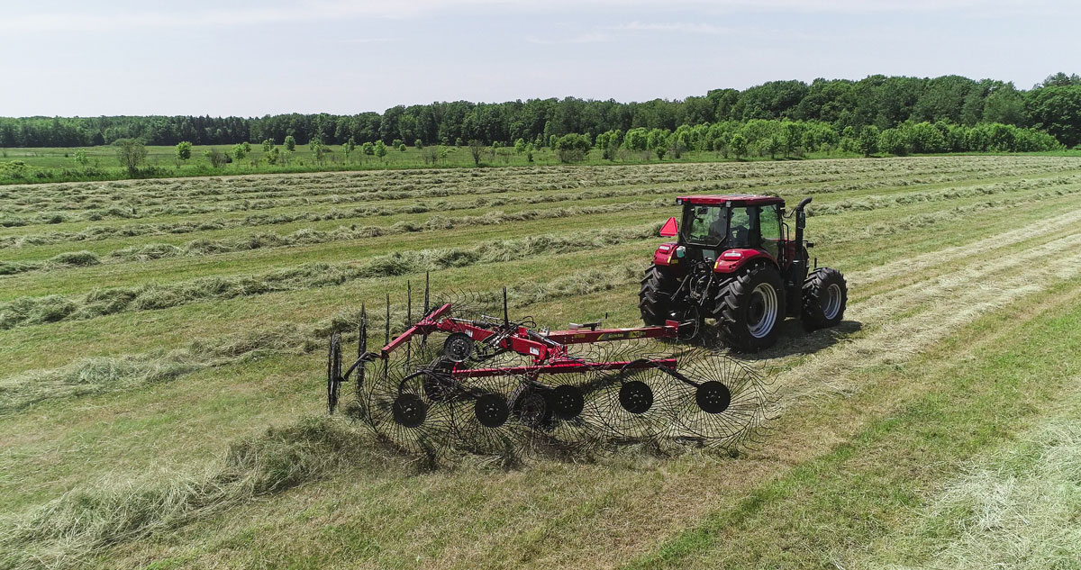 H&S 2210 10-wheel action rake raking hay in a field